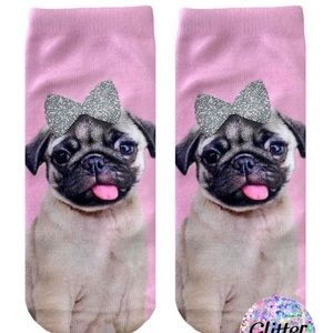 Pug with Glitter Bow Ankle Socks